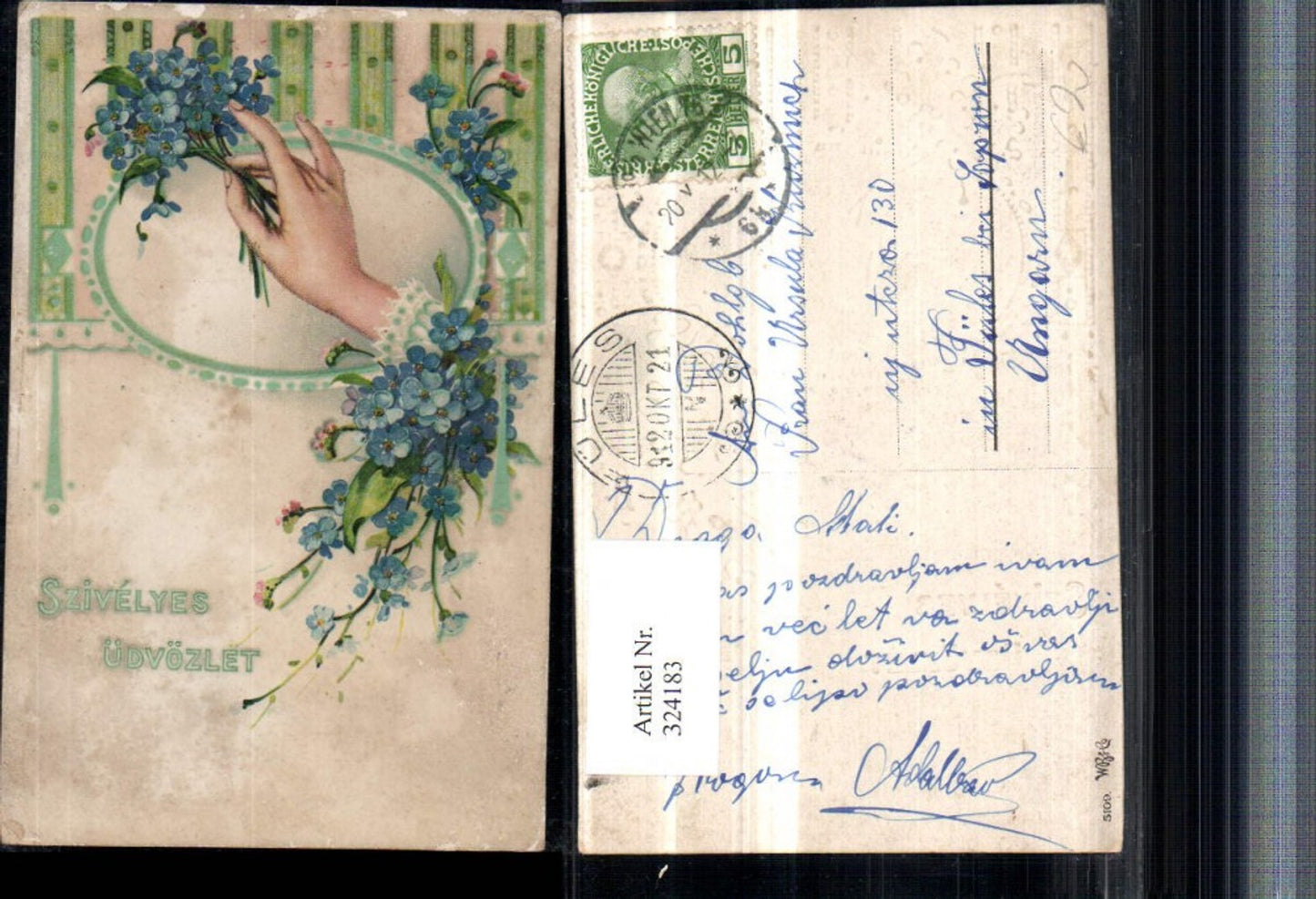 324183,Präge Künstler AK Frauenhand Blumen Vergissmeinnicht
