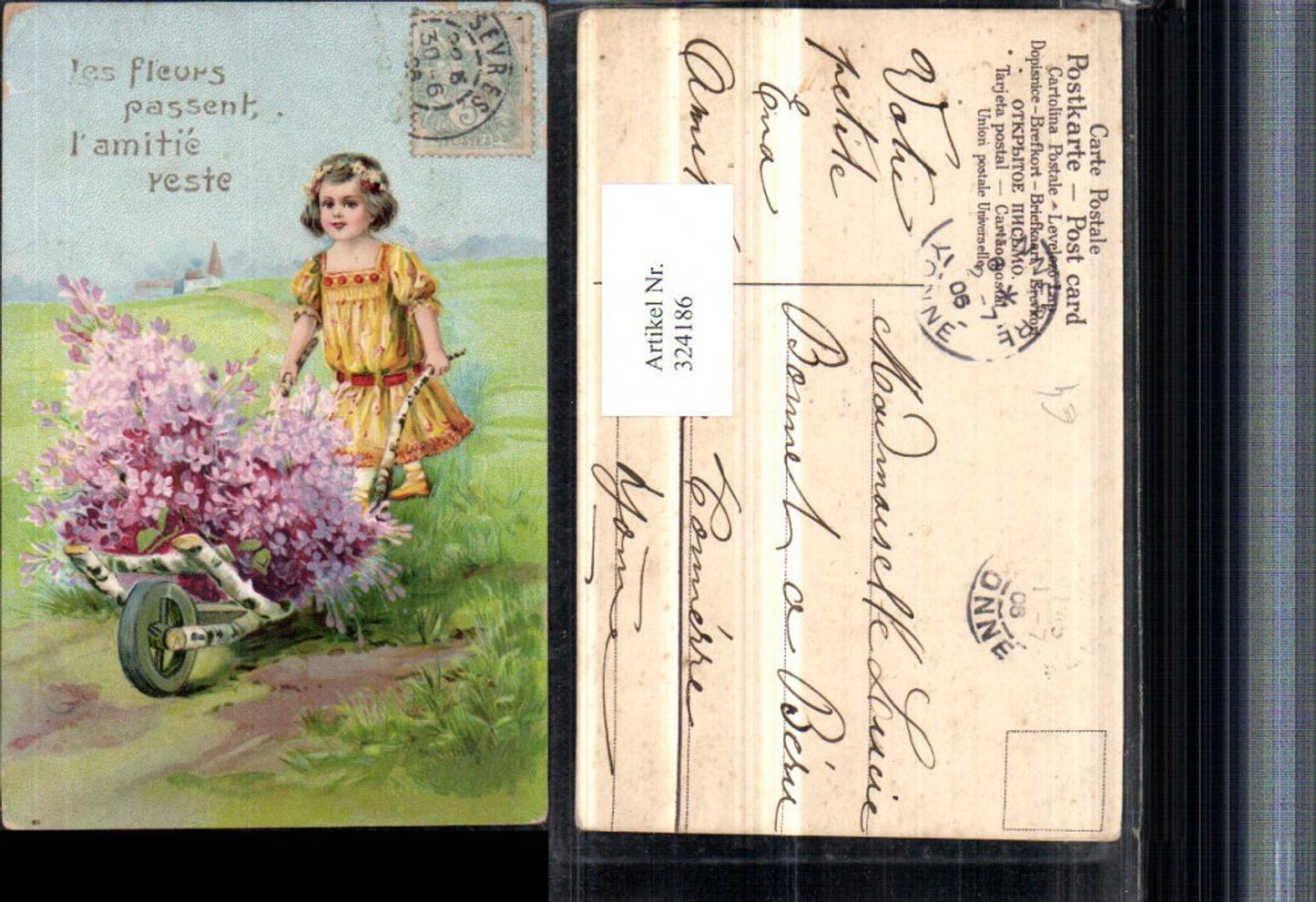 324186,Künstler AK Mädchen m. Blumenkranz Kleid Schubkarre Blumen