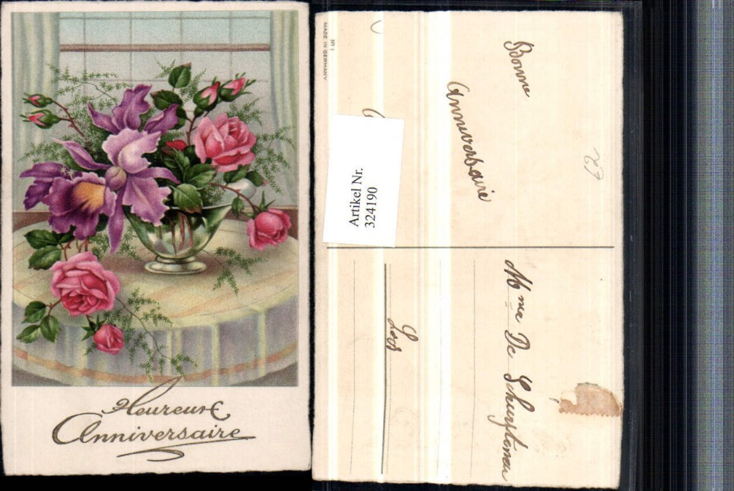 324190,Künstler AK Glückwunsch Blumen Hibiskus Rosen Vase