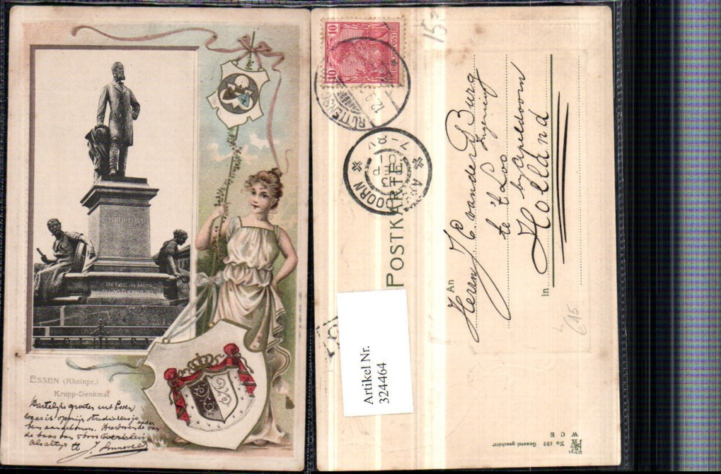 324464,Präge Litho Essen Krupp-Denkmal Frau m. Kleid Fahne Wappen