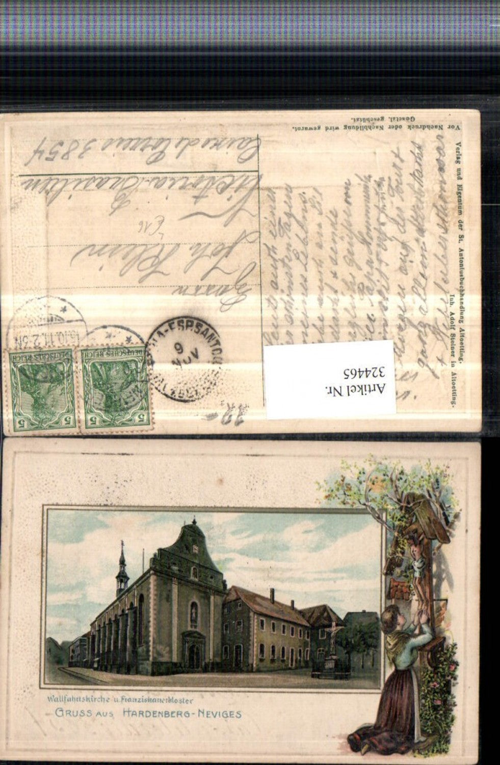 324465,Präge Litho Gruß aus Hardenberg-Neviges Kirche Kloster Frau in Tracht Wegkreuz
