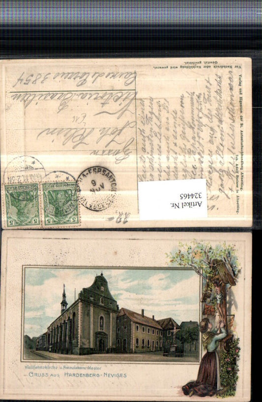 324465,Präge Litho Gruß aus Hardenberg-Neviges Kirche Kloster Frau in Tracht Wegkreuz