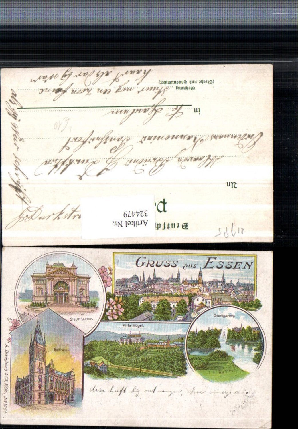 324479,Litho Gruß aus Essen Totale Stadttheater Rathaus Villa-Hügel Garten Mehrbildkarte