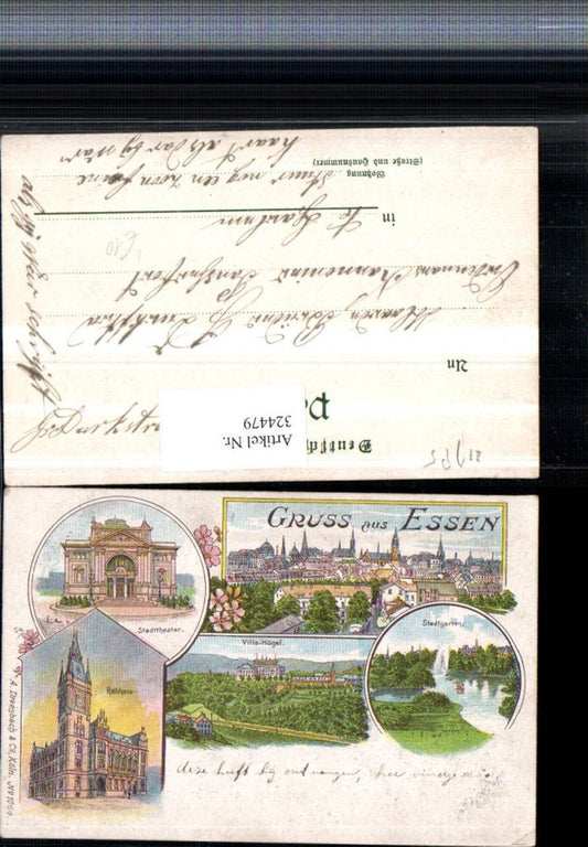 324479,Litho Gruß aus Essen Totale Stadttheater Rathaus Villa-Hügel Garten Mehrbildkarte