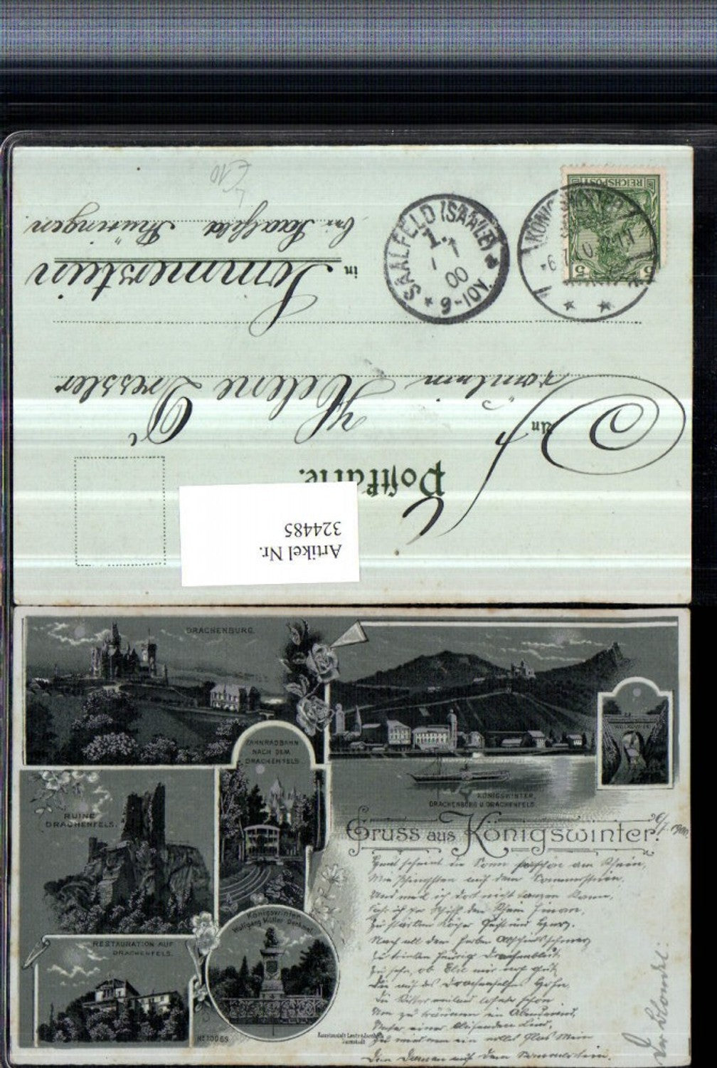 324485,Mond Litho Gruß aus Königswinter Drachenburg Ruine Drachenfels Denkmal Zahnradbahn