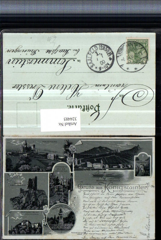 324485,Mond Litho Gruß aus Königswinter Drachenburg Ruine Drachenfels Denkmal Zahnradbahn