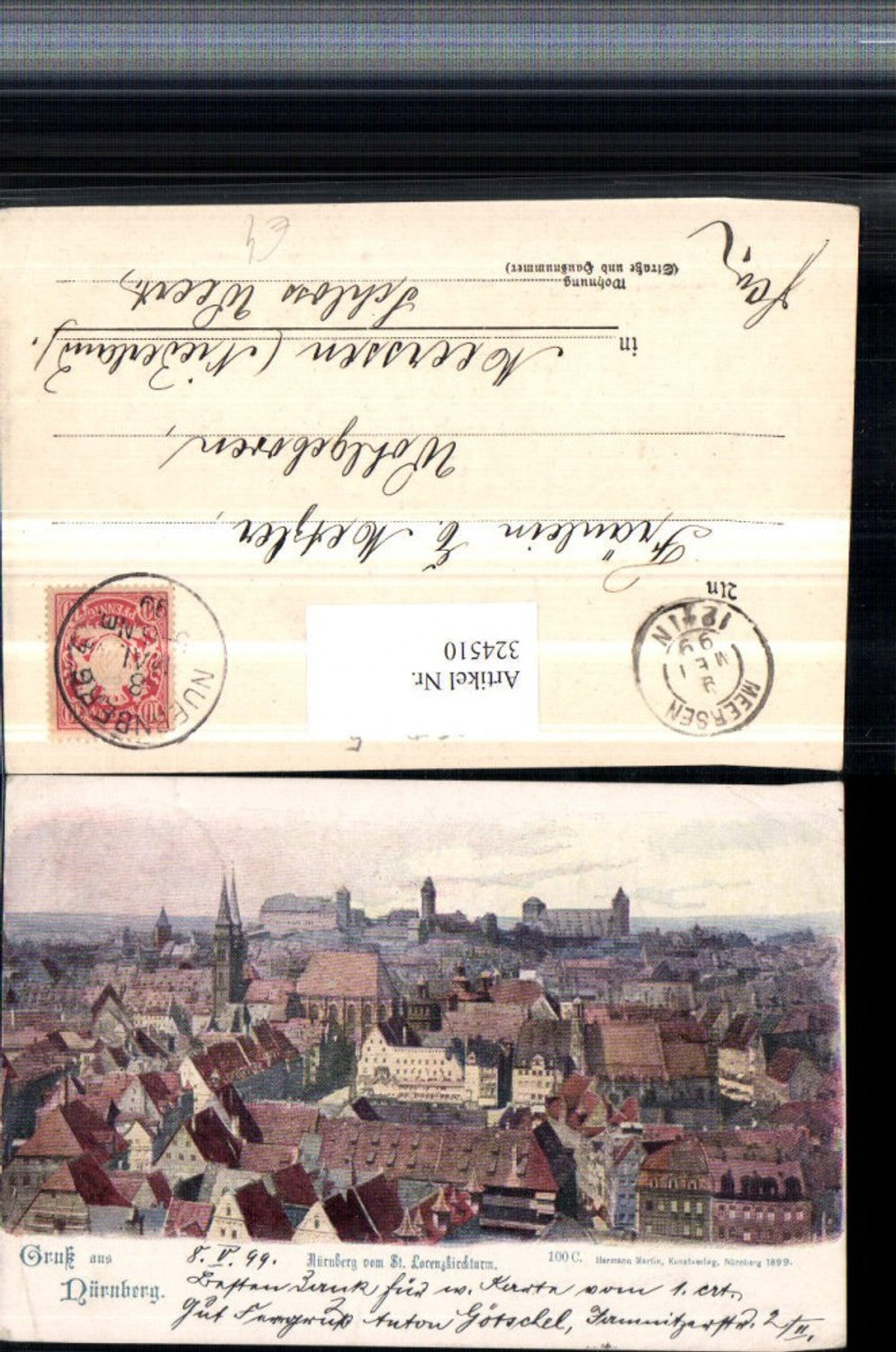 324510,Künstler AK Gruß aus Nürnberg Totale vom St. Lorenzkirchturm