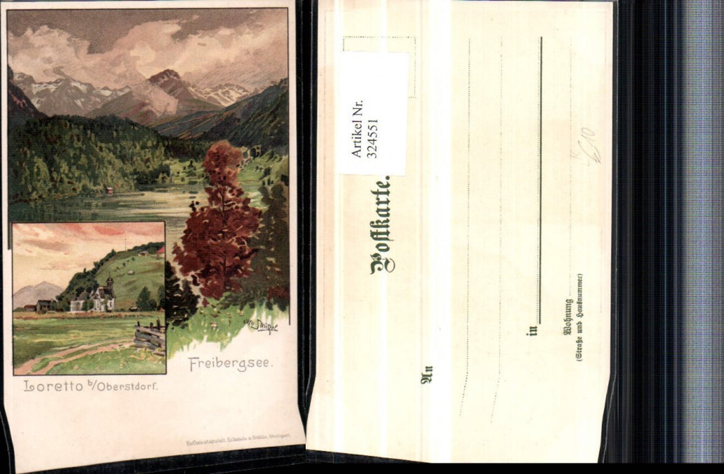 324551,Künstler Litho Otto Strützel Freibergsee Loretto b. Oberstdorf Mehrbildkarte
