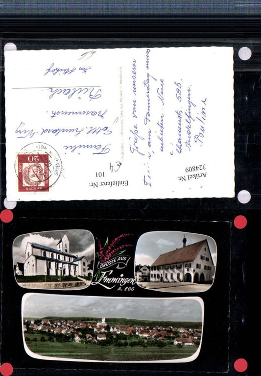 324809, Greetings from Emmingen, complete view of the church and town hall, multi-view postcard
