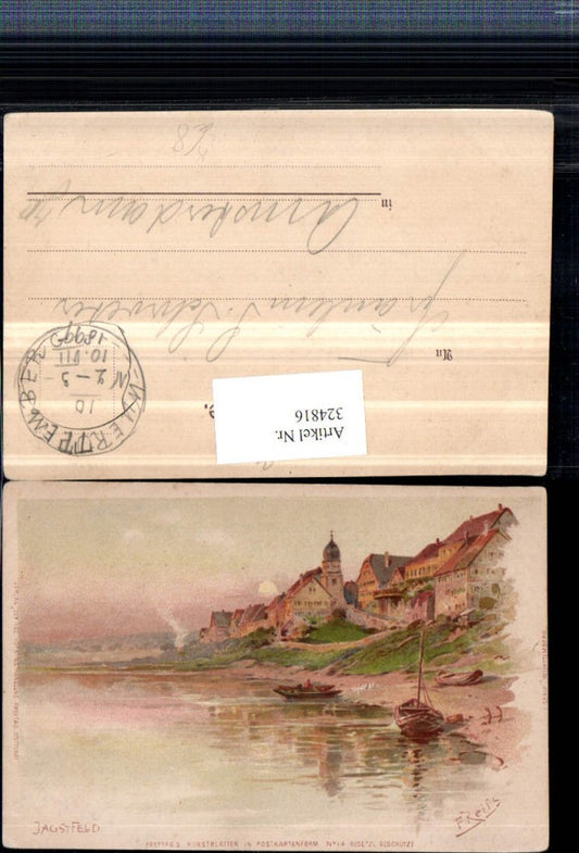 324816, Artist Lithograph F. Reifs Jagstfeld near Bad Friedrichshall Partial view of the shore