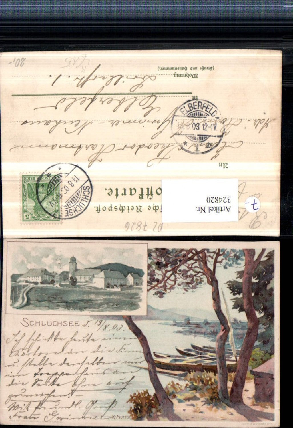 324820,Künstler Litho K. Mutter Schluchsee Teilansicht Ufer Boote