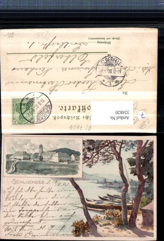 324820,Künstler Litho K. Mutter Schluchsee Teilansicht Ufer Boote