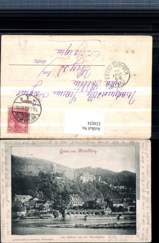 324824, Greetings from Heidelberg, partial view with castle from Hirschgasse