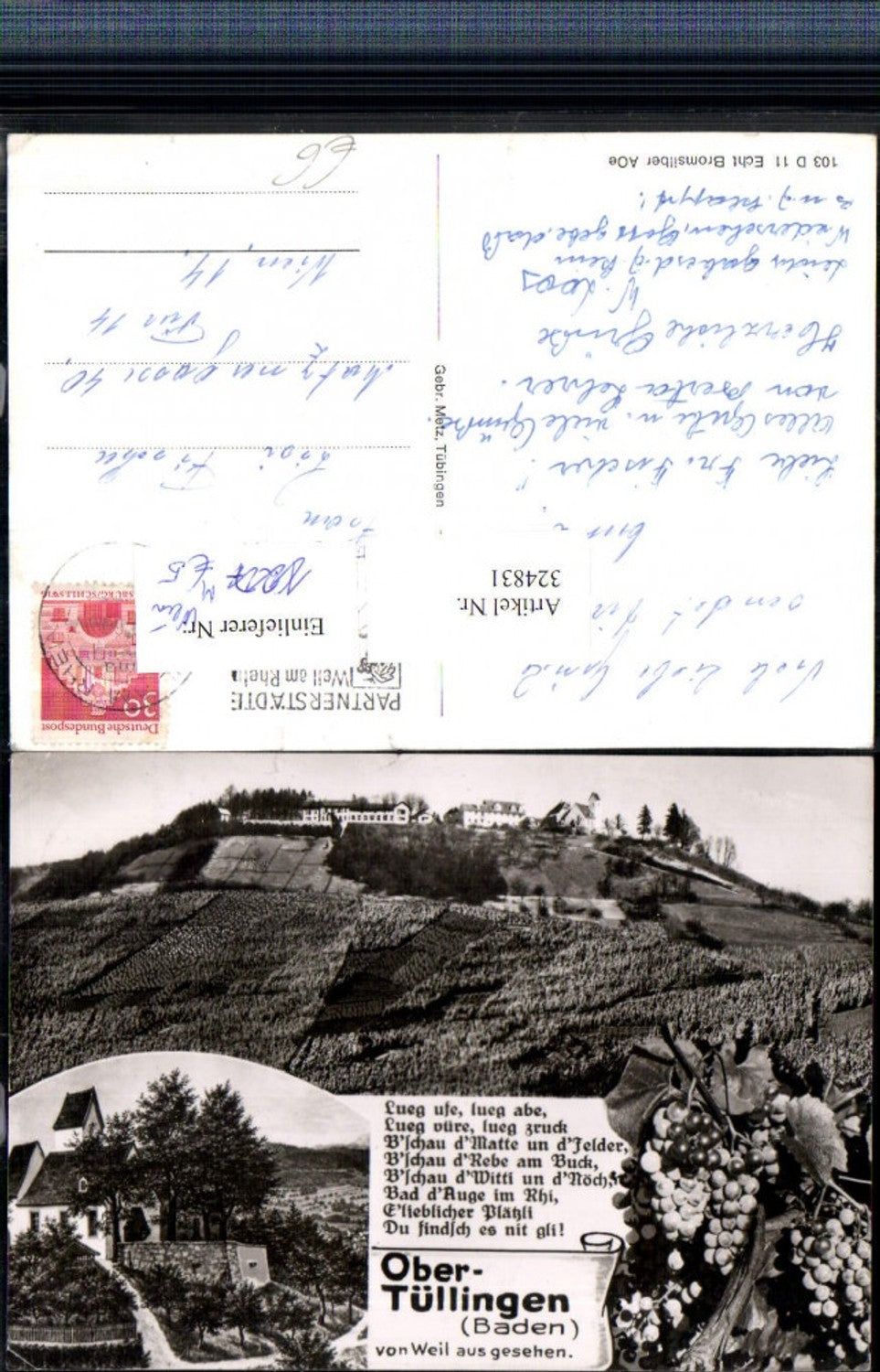 324831,Obertüllingen b. Lörrach Teilansicht Kirche Trauben Wein Spruch Mehrbildkarte