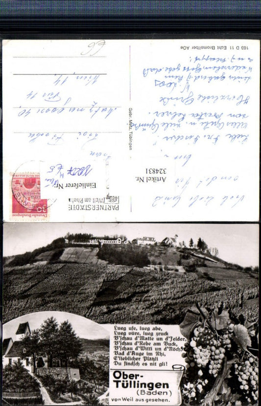 324831, Obertüllingen near Lörrach, partial view of church, grapes, wine, saying, multi-image postcard