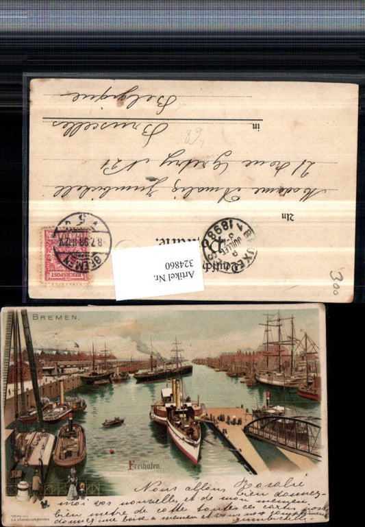 324860, Lithograph Bremen Free Port Harbor Steamers Sailing Ships