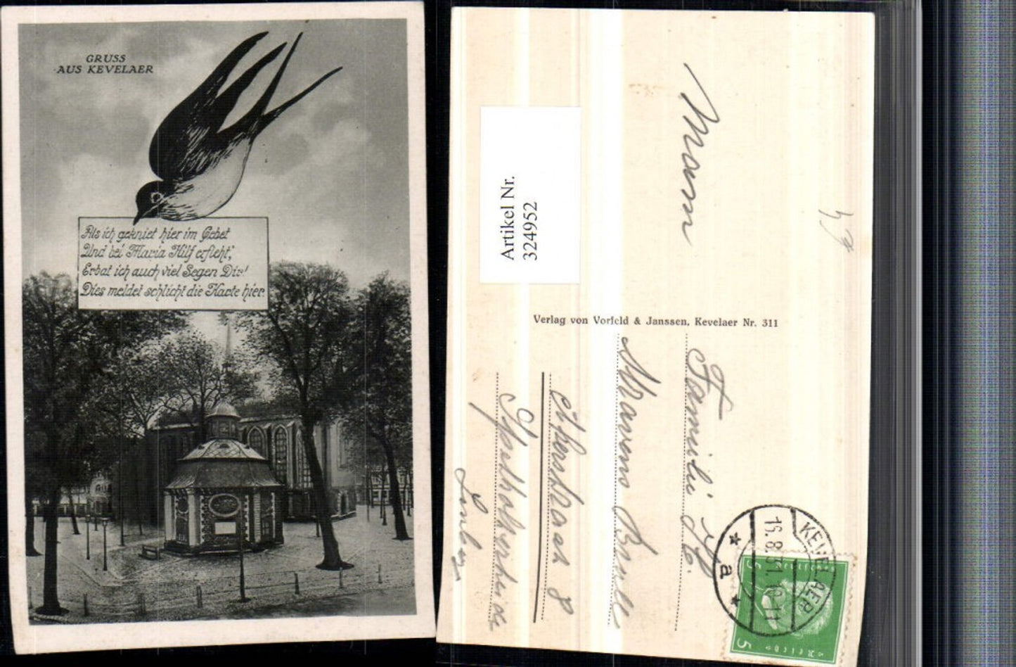 324952,Gruß aus Kevelaer Kapelle Schwalbe Vogel Spruch
