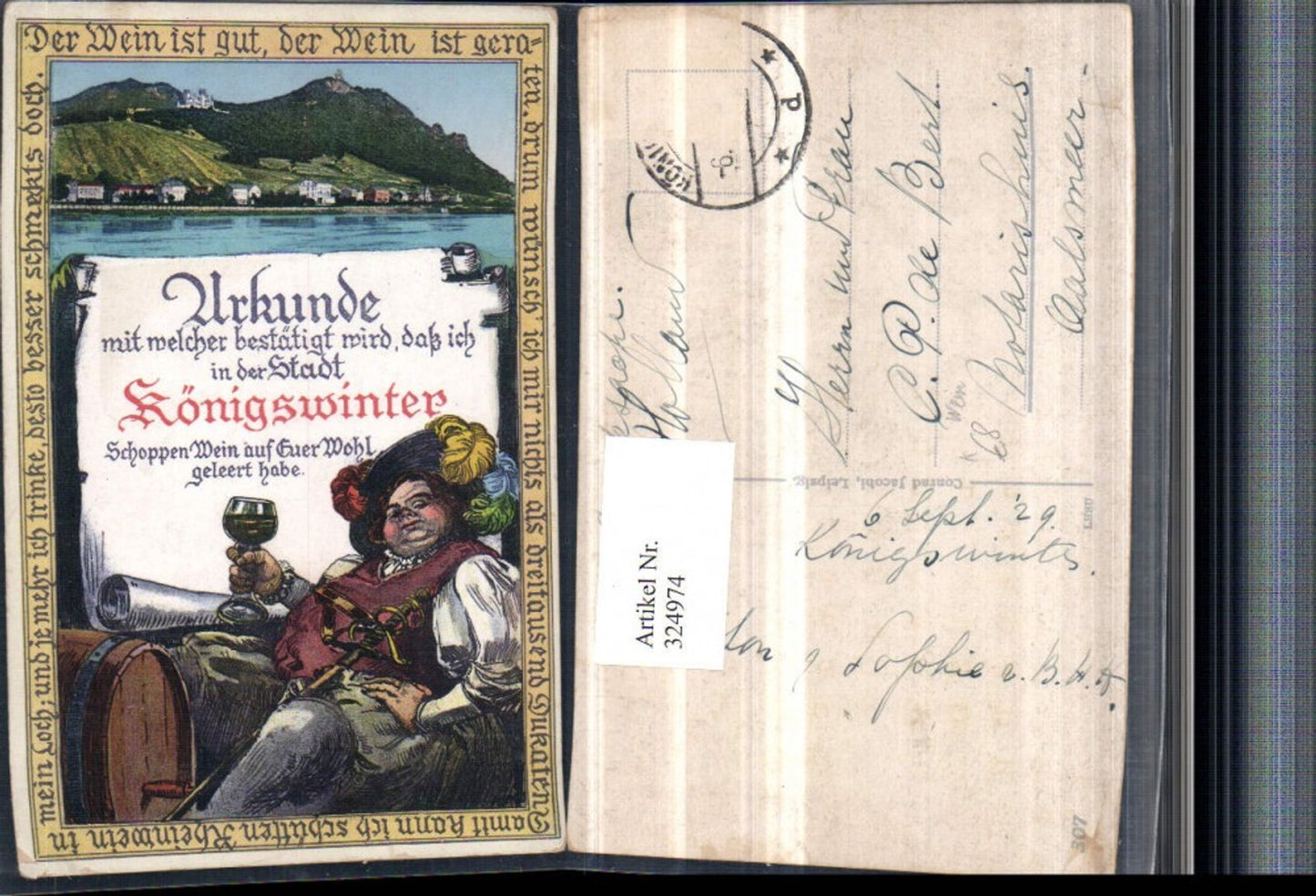324974,Künstler AK Königswinter Totale Urkunde Wein Mann m. Federhut Schwert