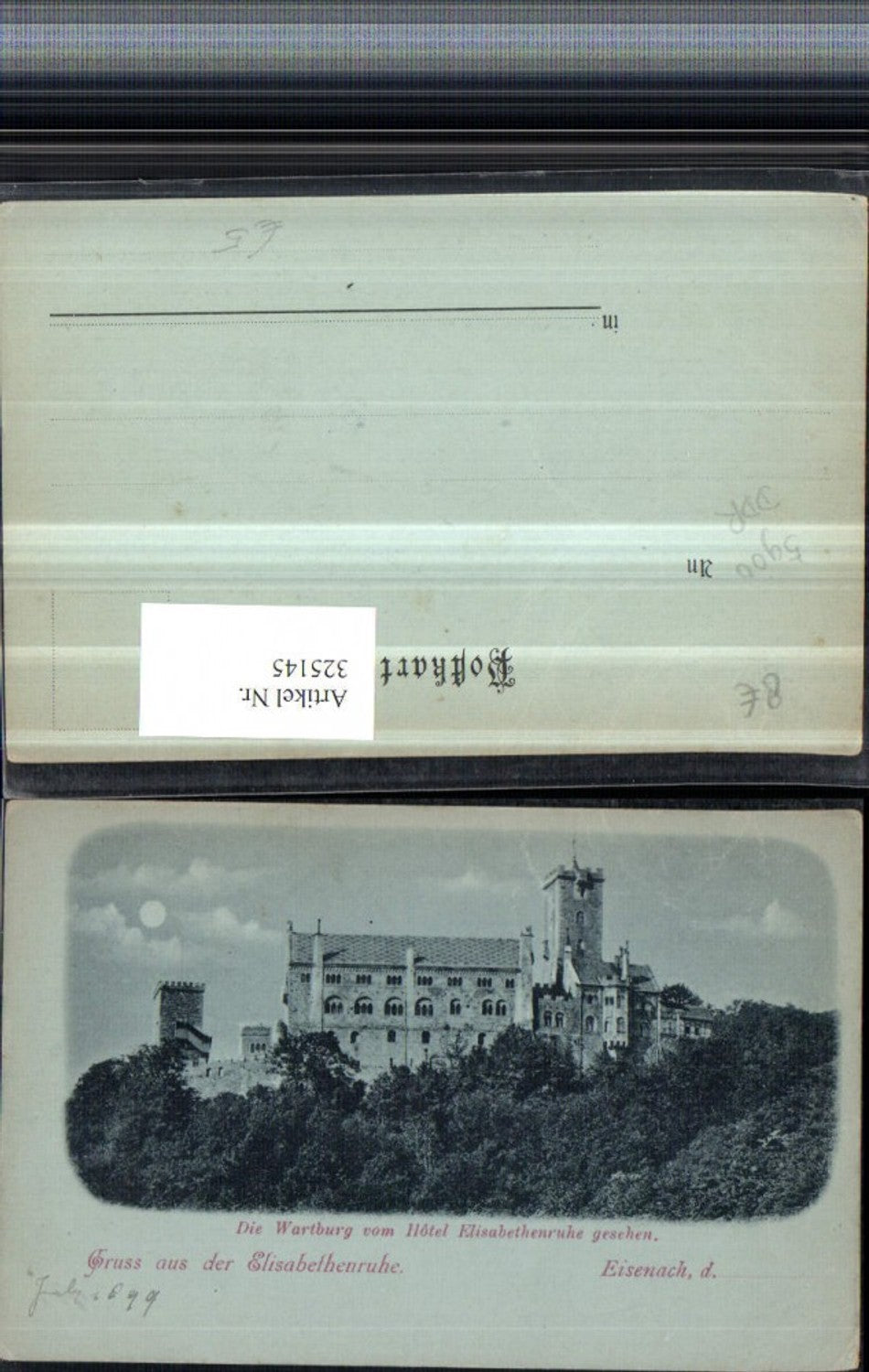 325145,Mond Litho Gruß aus Eisenach Elisabethenruhe Wartburg vom Hotel