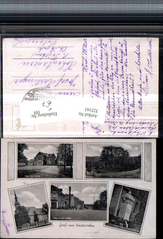325161, Greetings from Hardisleben, Main Street, Church, War Memorial, Karlsplatz, Multi-view postcard