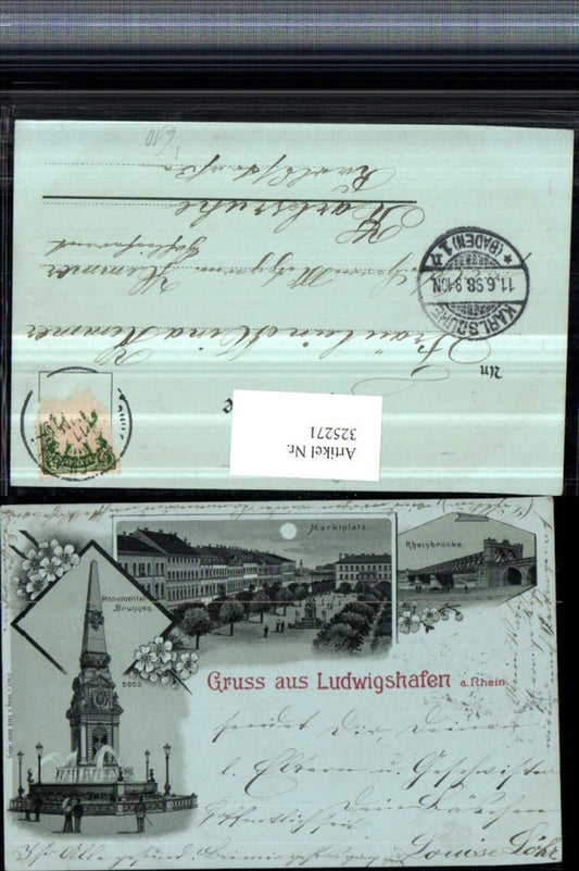 325271,Mond Litho Gruß aus Ludwigshafen am Rhein Marktplatz Brücke Brunnen Obelisk Mehrbildkarte