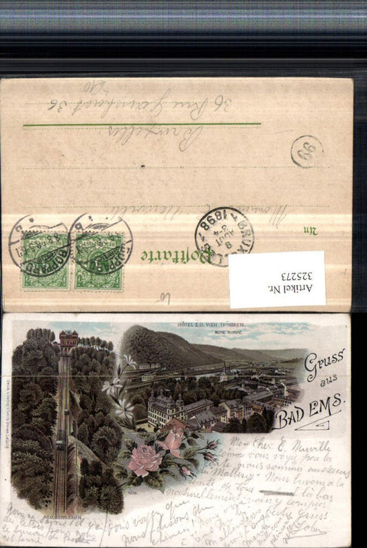 325273,Litho Gruß aus Bad Ems Teilansicht Hotel z. d. Vier Türmen Kirche Malbergbahn