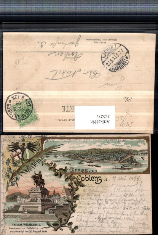 325277,Litho Gruß aus Koblenz am Rhein Totale Denkmal Kaiser Wilhelm Mehrbildkarte