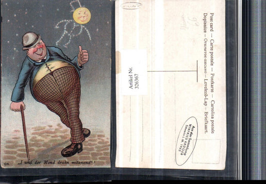 326367,Künstler AK Scherz Humor Betrunkener dicker Mann m. Hut Stock Mondgesicht