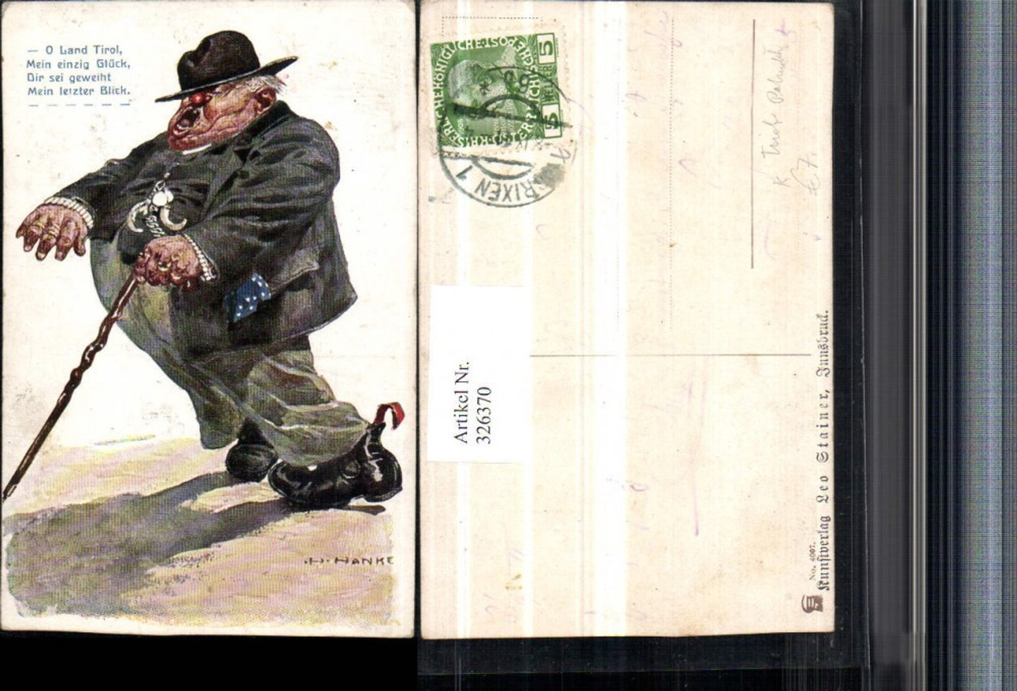 326370, Artist AK H. Hanke Tyrol Patriotic Saying Joke Humor Drunken man with hat and walking stick