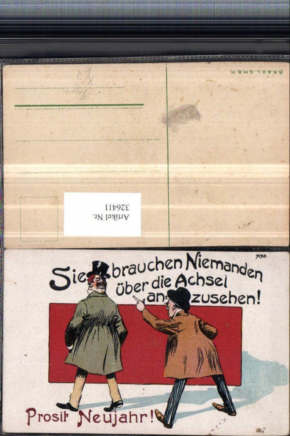 326411,Künstler AK Scherz Humor Neujahr Männer Mann sieht über die Achsel Spruch