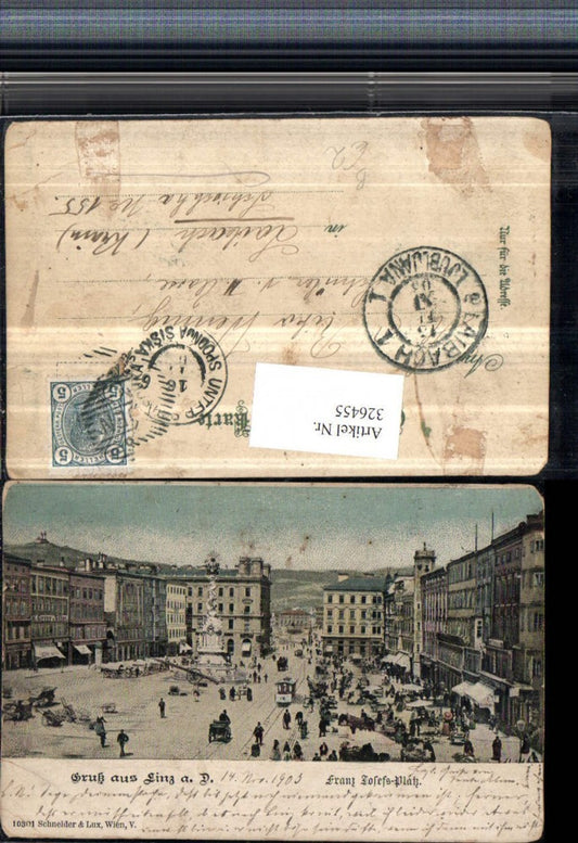 326455,Gruß aus Linz an d. Donau Franz Josefs-Platz Pestsäule Geschäfte