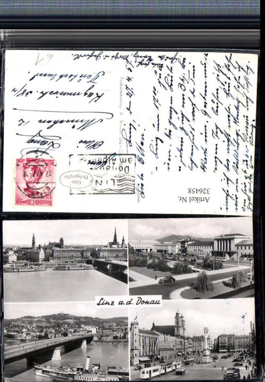 326458,Linz an d. Donau Teilansicht Brücke Dampfer Pestsäule Straßenbahn Bahnhof Mehrbildkarte