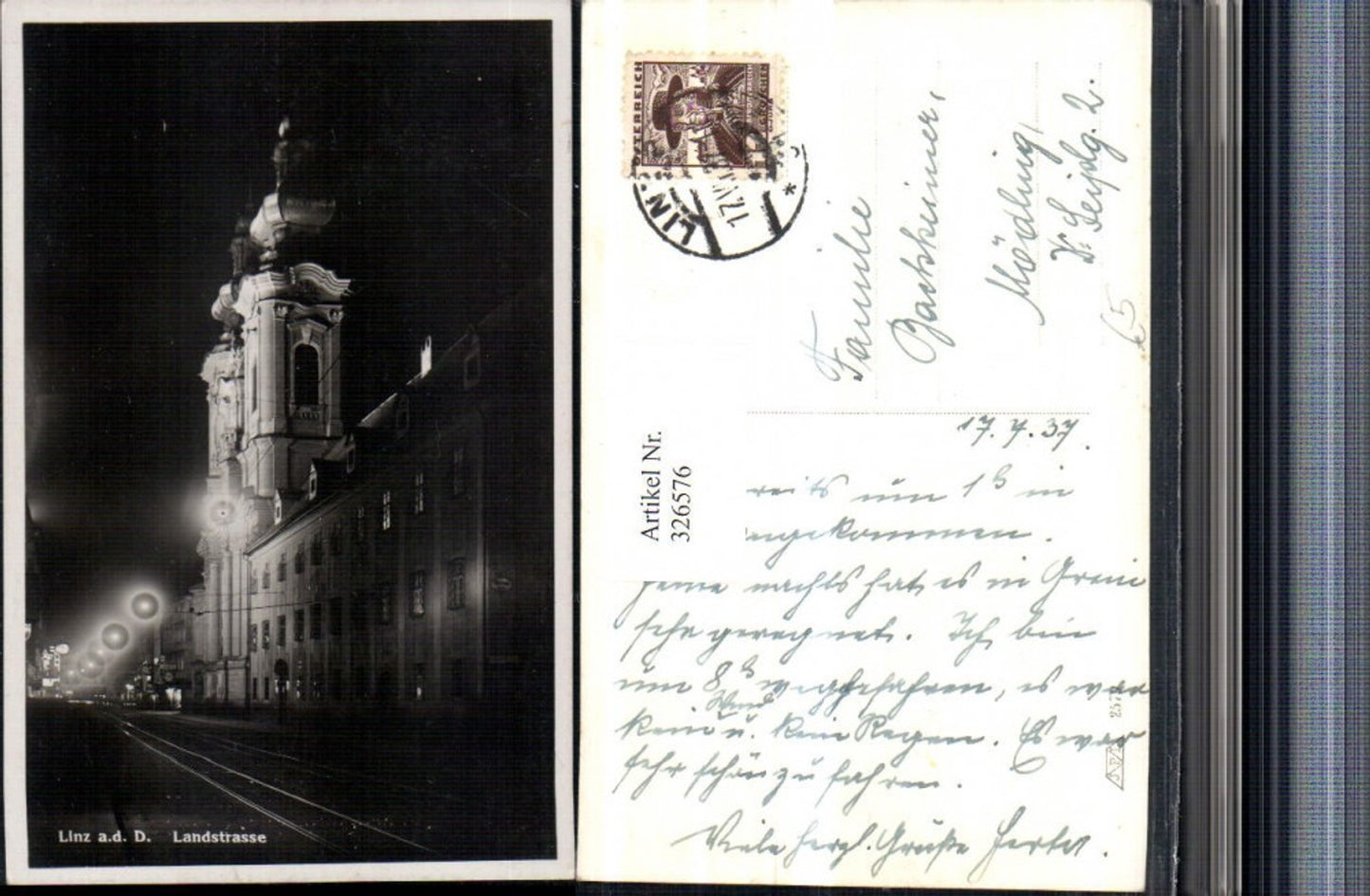 326576,Linz an d. Donau b. Nacht Landstraße Straßenansicht Kirche