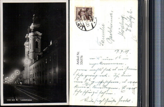 326576,Linz an d. Donau b. Nacht Landstraße Straßenansicht Kirche
