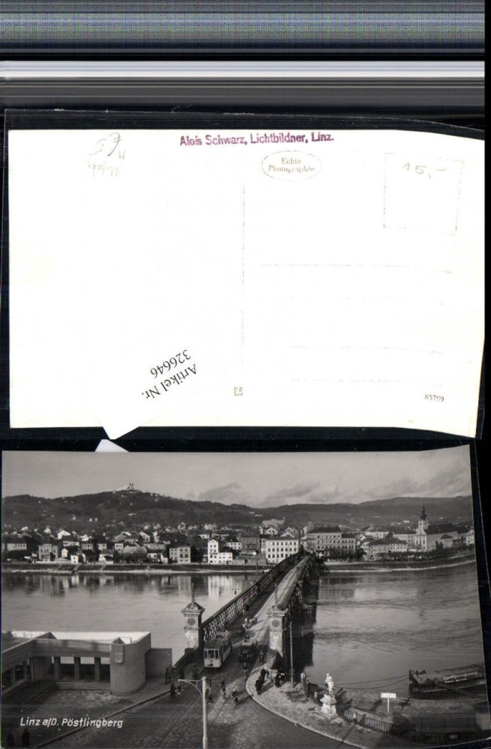 326646,Linz an d. Donau Brücke Straßenbahn Nr. 77 Urfahr Totale m. Pöstlingberg