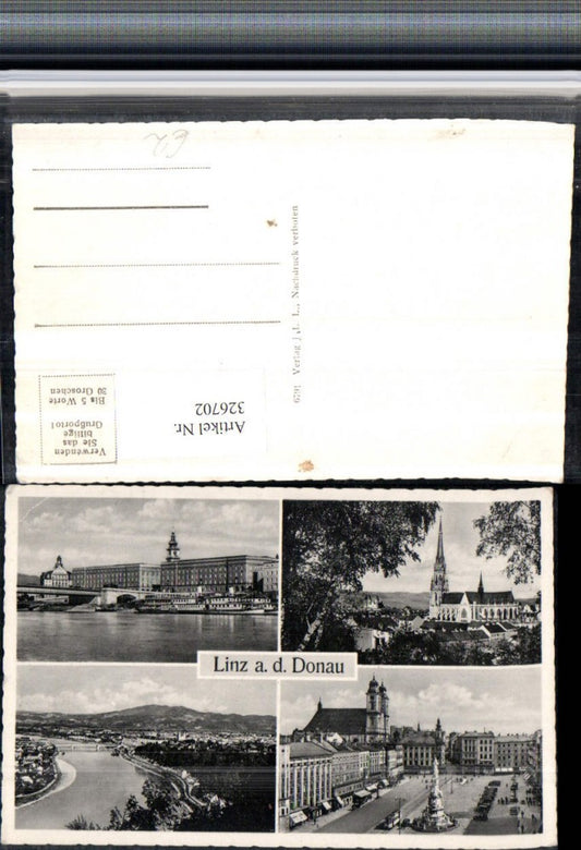 326702,Linz an d. Donau Totale Kirche Hauptplatz Pestsäule Brücke Dampfer Mehrbildkarte