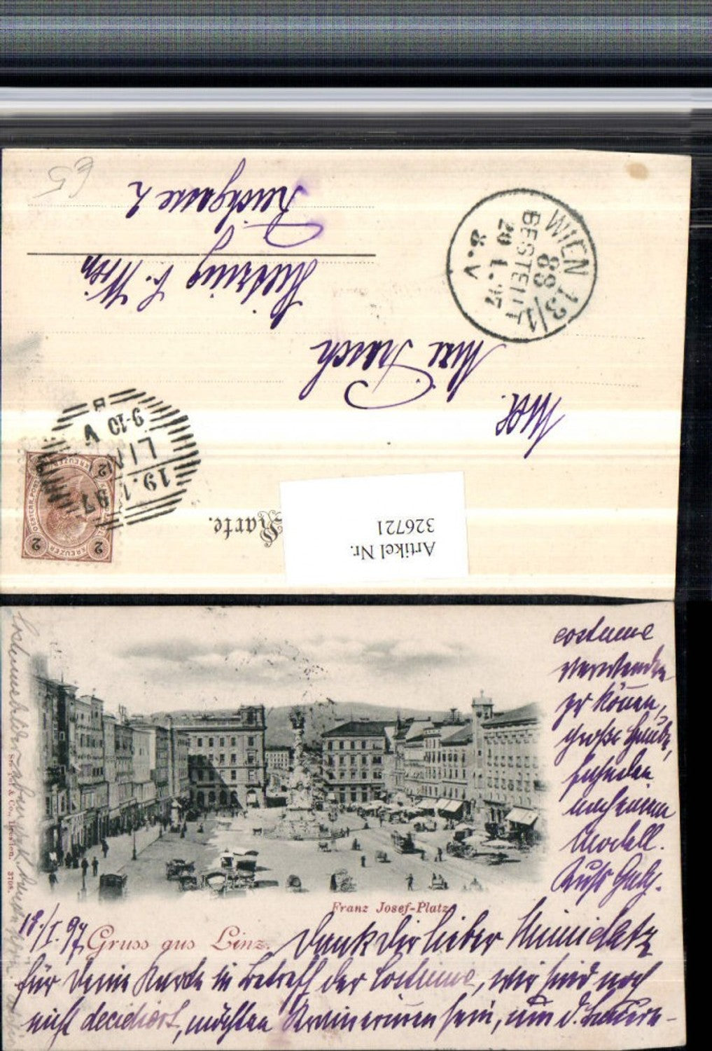 326721,Gruß aus Linz an d. Donau Franz Josef-Platz Pestsäule Geschäfte pub Stengel & Co 3708