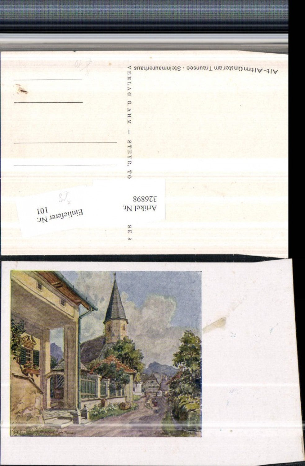 326898,Künstler AK A. Lebeda Altmünster am Traunsee Steinmaurerhaus Kirche