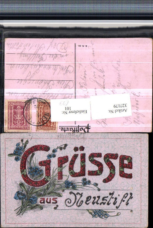327179,Glitzerkarte Grüße aus Neustift Blumen Schleife