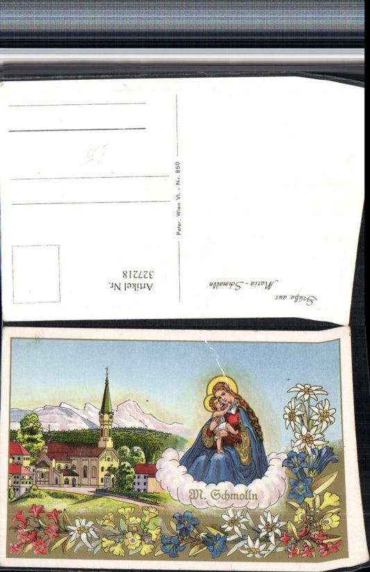 327218,Künstler AK Gruß aus Maria Schmolln Kirche Gnadenbild Enzian Edelweiß