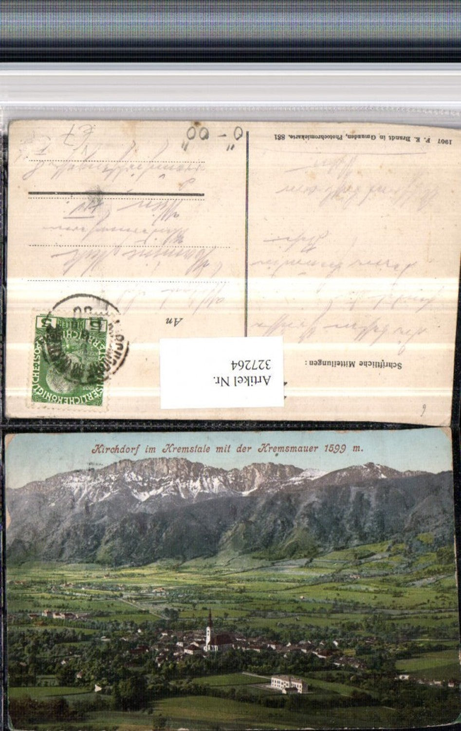 327264,Kirchdorf im Kremstale Totale m. Kremsmauer Bergkulisse pub F. E. Brandt 881