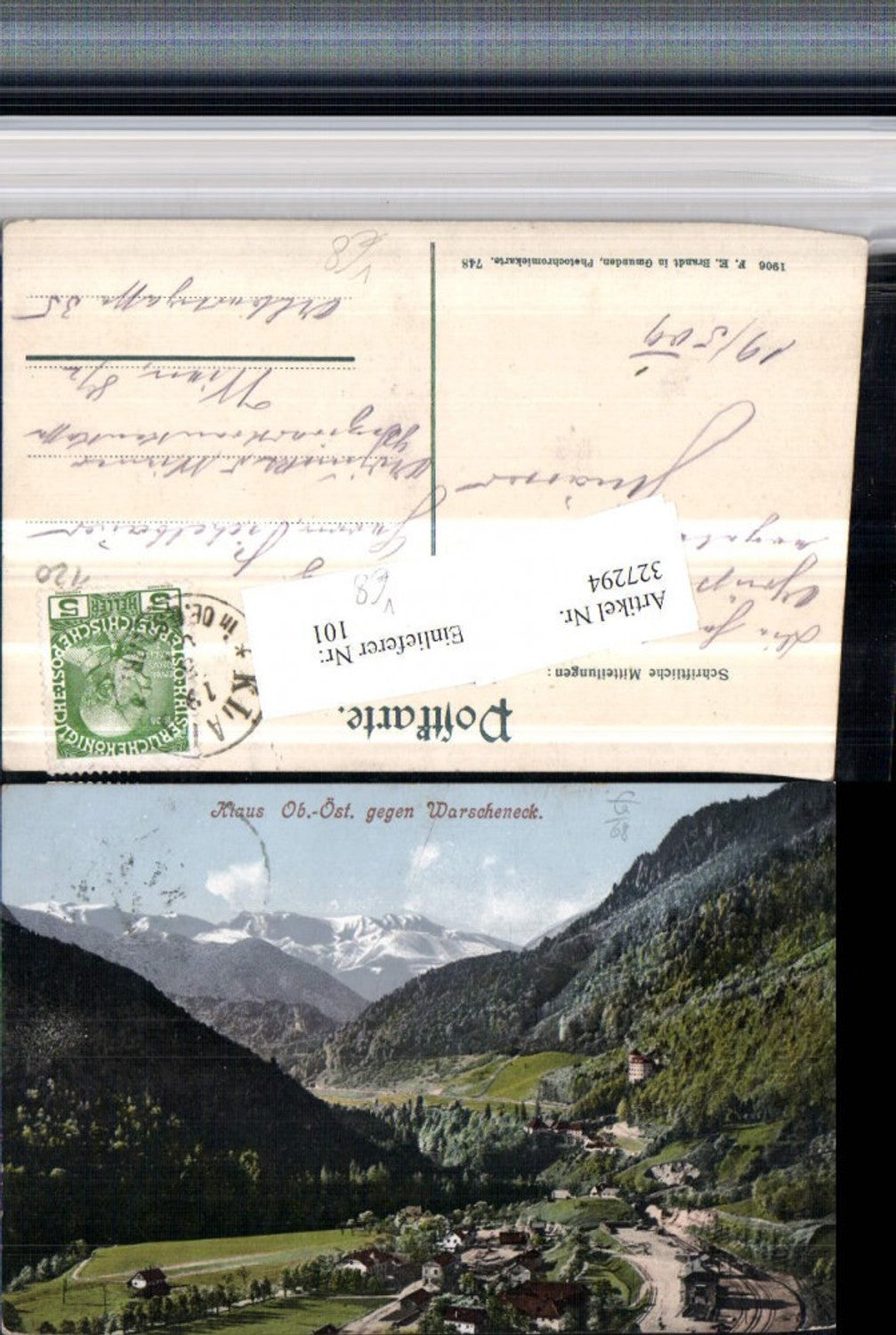 327294,Klaus an d. Pyhrnbahn Bahnhof geg. Warscheneck Bergkulisse pub F. E. Brandt 748