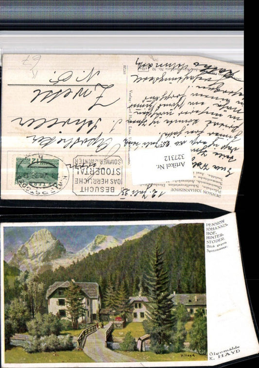 327312,Künstler AK K. Hayd Hinterstoder Pension Johannishof m. Spitzmauer