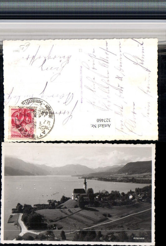 327460,Attersee Teilansicht Kirche Bergkulisse
