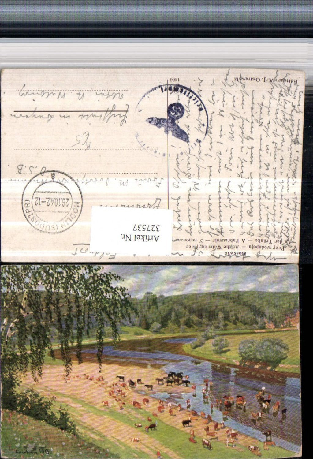 327537,Künstler AK Moskwin An der Tränke Rinder Kühe Fluss Landschaft