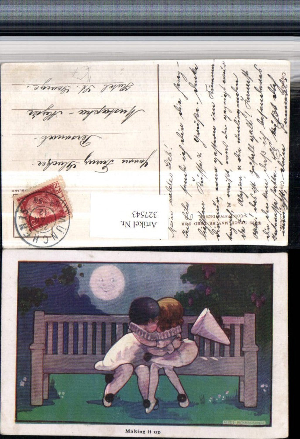 327543,Künstler AK Agnes Richardson Making it up Kinder Harlekin Kuss Mondgesicht