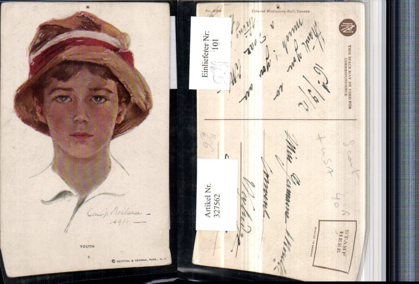 327562,Künstler AK Philip Boileau Youth Kind Junge Bub m. Hut Portrait pub Reinthal & Newman