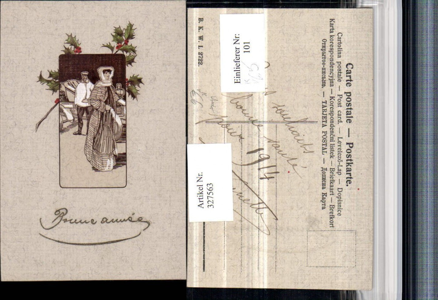 327563, embossing artist AK woman man hat automobile passepartout holly pub BKWI 2722