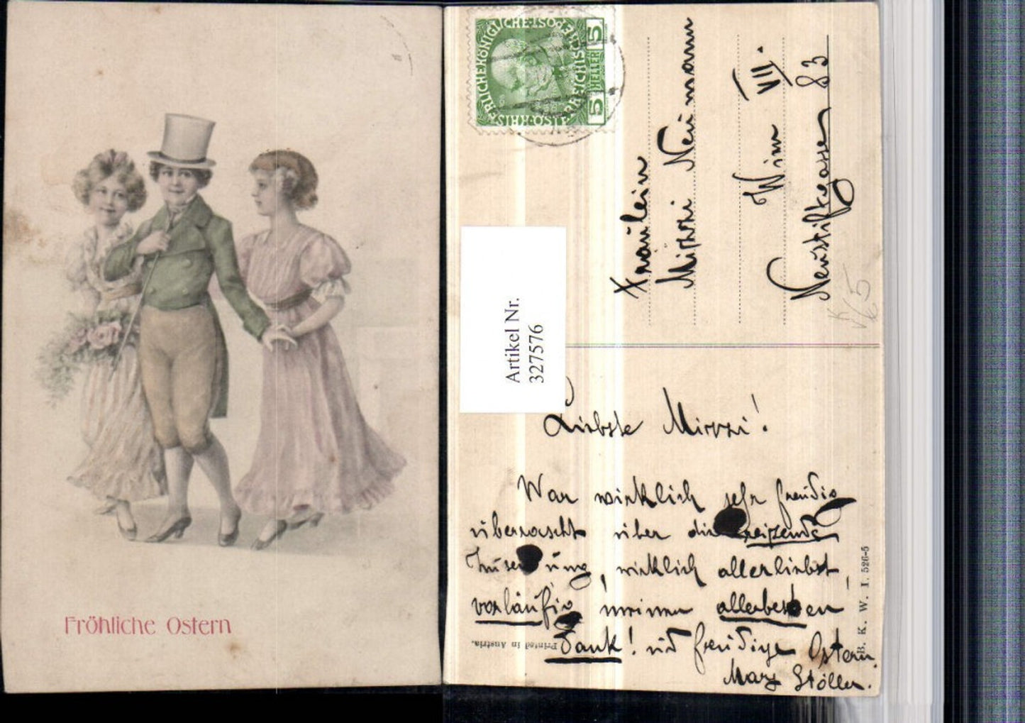 327576,Künstler AK Ostern Kinder Junge m. Zylinder Stock Mädchen m. Kleider pub B.K.W.I. 526/5