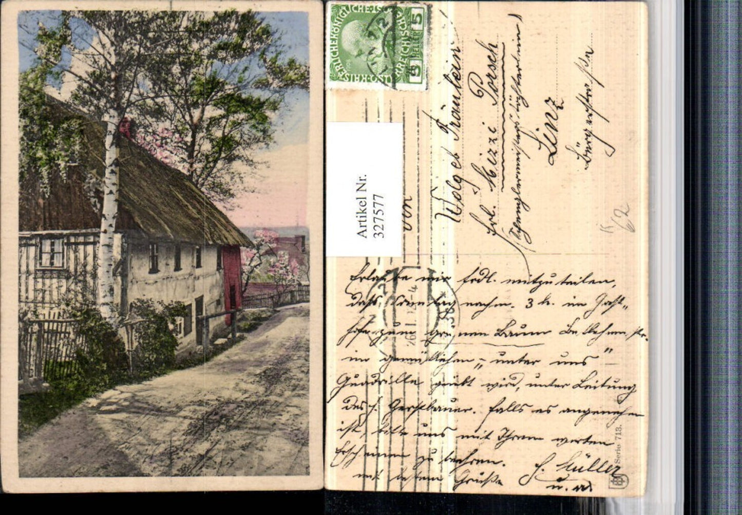 327577,Künstler AK Hausansicht Birke Baum Straße